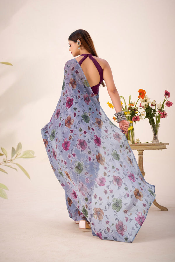Gray Elegant Lurex Brasso Saree with Floral Viscose Brasso Work & Silk Blouse Piece ClothsVilla