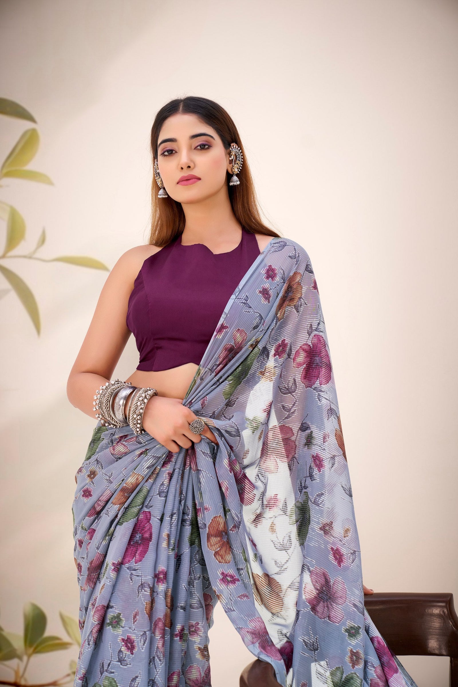 Gray Elegant Lurex Brasso Saree with Floral Viscose Brasso Work & Silk Blouse Piece ClothsVilla