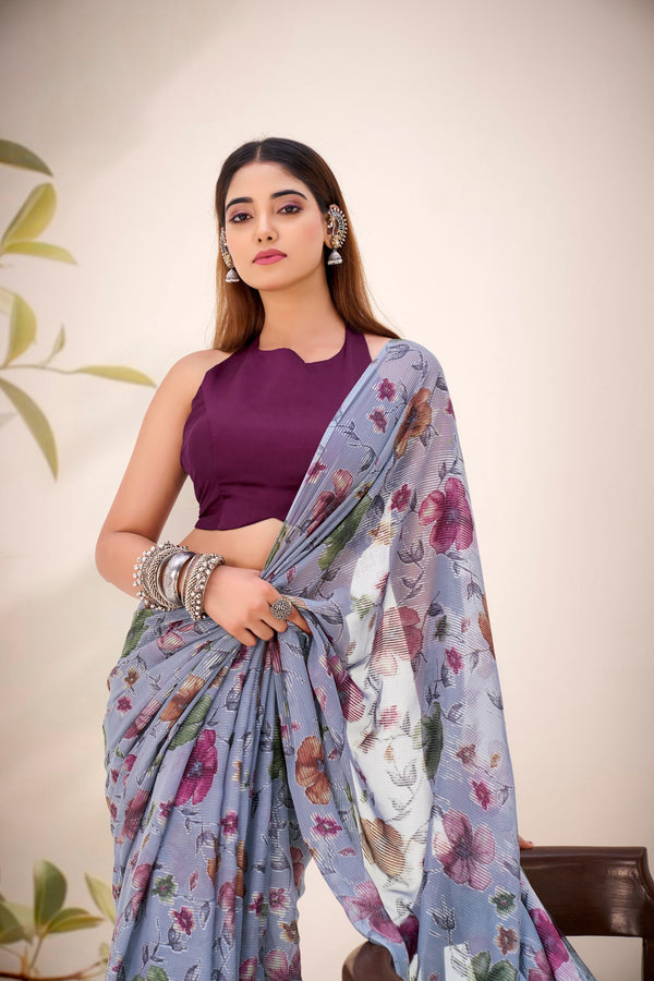 Gray Elegant Lurex Brasso Saree with Floral Viscose Brasso Work & Silk Blouse Piece ClothsVilla