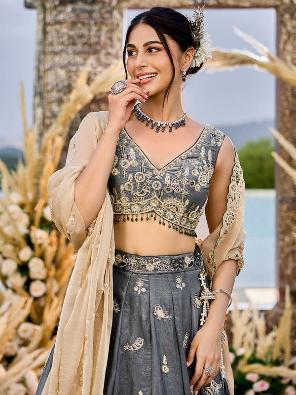 Gray Luxury Satin Silk Beads & Sequin Embroidery Work Lehenga Choli with Dupatta – 4.2 Meter Grand Flair, Fully Stitched ClothsVilla