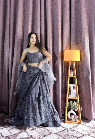 Gray Velvet Sequin Work Lehenga Set with Ruffle Organza Dupatta – Unstitched Blouse ClothsVilla