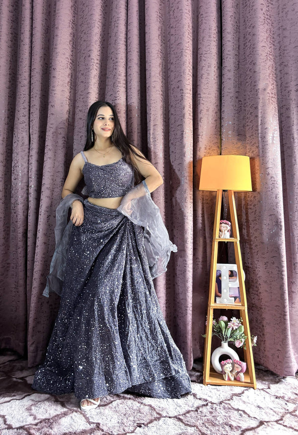 Gray Velvet Sequin Work Lehenga Set with Ruffle Organza Dupatta – Unstitched Blouse ClothsVilla