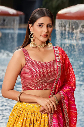 Greatfull collection In Marriage Season Lehenga Cholin With A Dupatta Yellow-Pink Colour Clothsvilla
