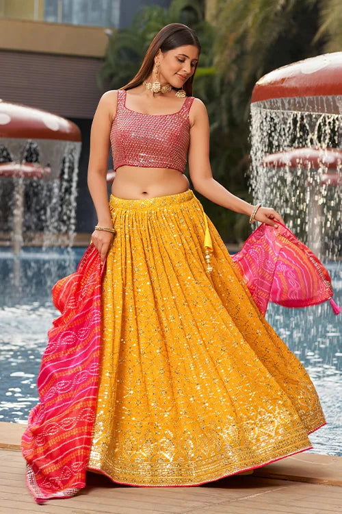 Greatfull collection In Marriage Season Lehenga Cholin With A Dupatta Yellow-Pink Colour Clothsvilla