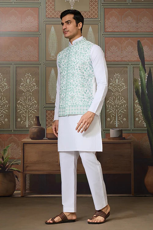 Wedding White Kurta Pajama with Green Koti Style Clothsvilla