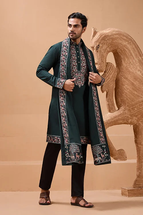 Perfect Green Festival Special Kurta with Dupatta for Mens Clothsvilla