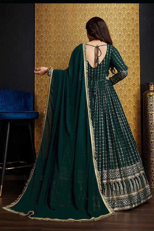 Green Anarkali Long Gown with Metallic Foil Work ClothsVilla