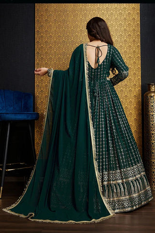 Green Anarkali Long Gown with Metallic Foil Work ClothsVilla
