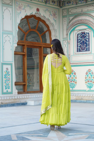 Alluring Parrot Green Faux Georgette Gown with Sequined Dupatta ClothsVilla