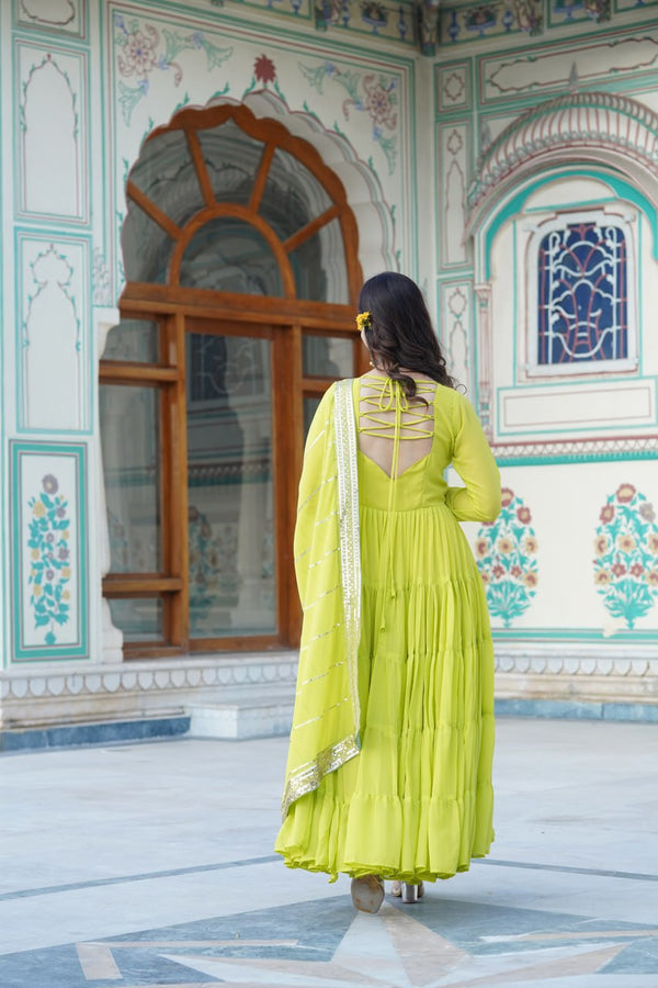 Alluring Parrot Green Faux Georgette Gown with Sequined Dupatta ClothsVilla
