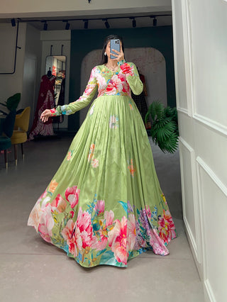 Parrot Green Color Tussar Silk Ready to Wear Gown with Delicate Floral Print ClothsVilla