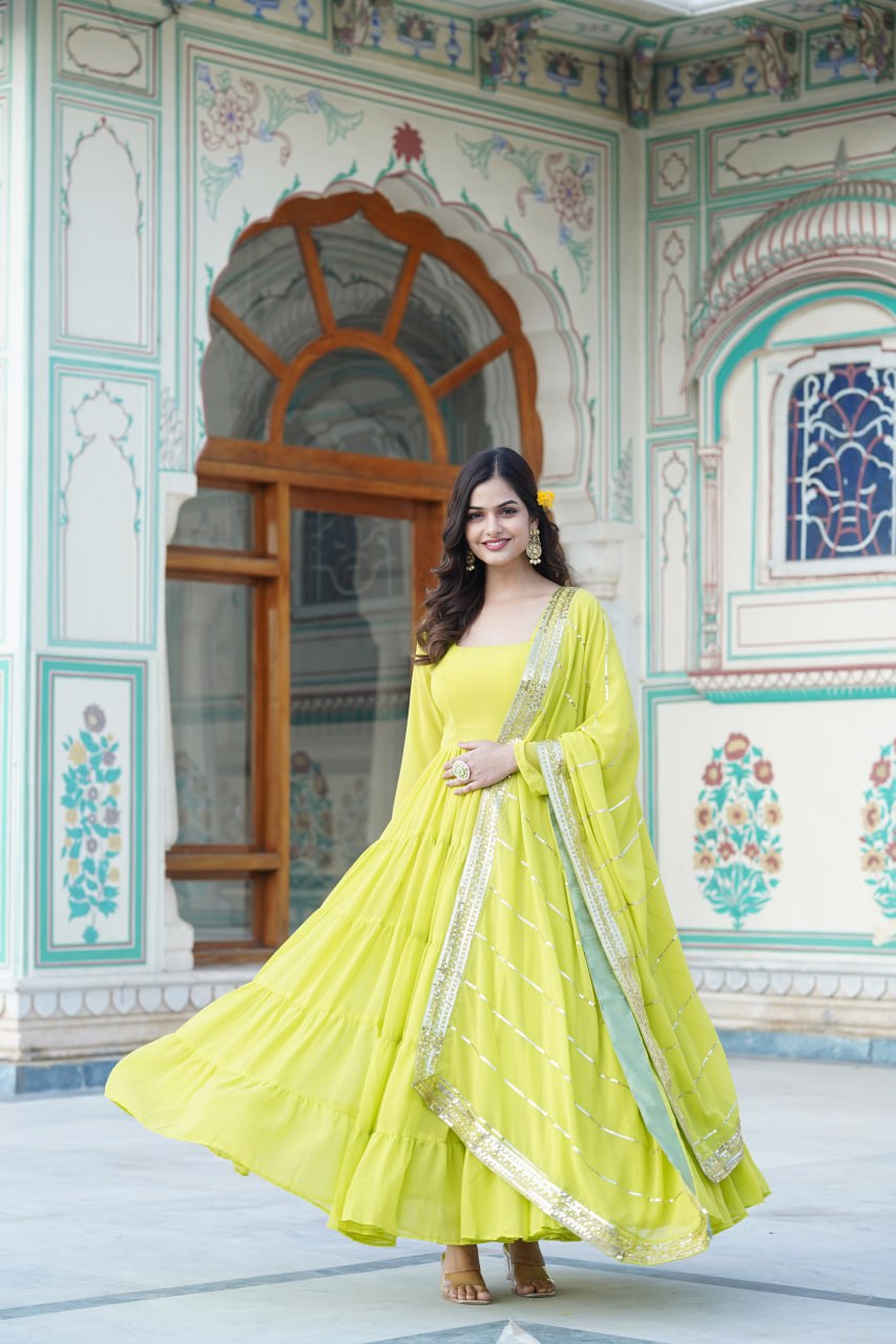 Alluring Parrot Green Faux Georgette Gown with Sequined Dupatta ClothsVilla