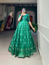 Load image into Gallery viewer, Green Color Dola Silk Printed Gown with Exquisite Zari Border ClothsVilla