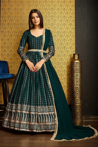 Green Anarkali Long Gown with Metallic Foil Work ClothsVilla