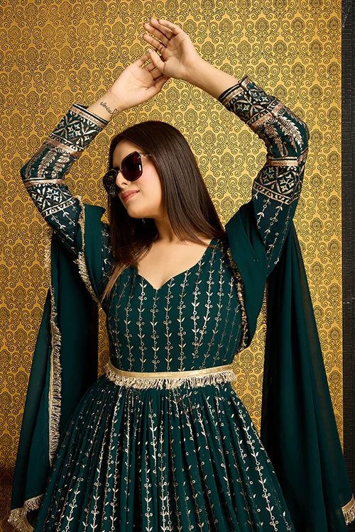 Green Anarkali Long Gown with Metallic Foil Work ClothsVilla
