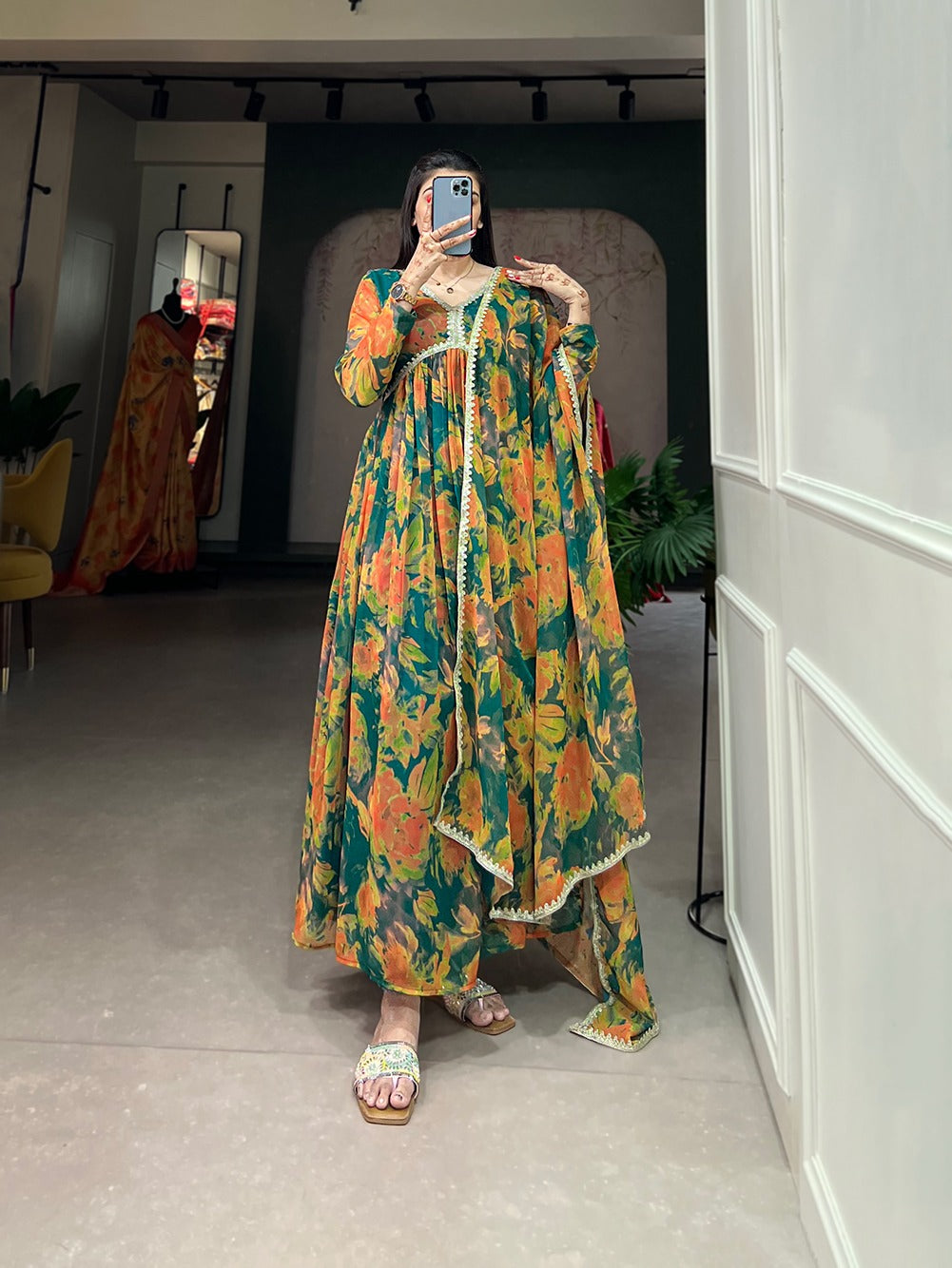 Green Alia Style Gown with Dupatta ClothsVilla