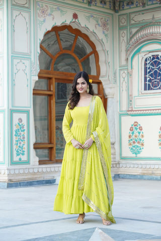 Alluring Parrot Green Faux Georgette Gown with Sequined Dupatta ClothsVilla