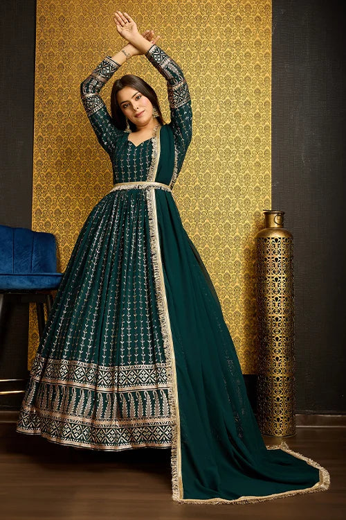 Green Anarkali Long Gown with Metallic Foil Work ClothsVilla
