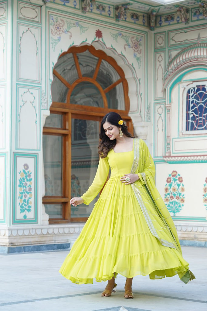 Alluring Parrot Green Faux Georgette Gown with Sequined Dupatta ClothsVilla