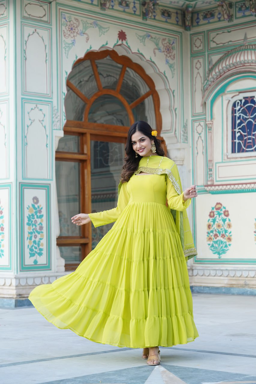 Alluring Parrot Green Faux Georgette Gown with Sequined Dupatta ClothsVilla