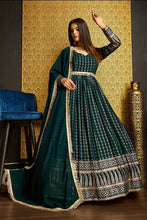 Load image into Gallery viewer, Green Anarkali Long Gown with Metallic Foil Work ClothsVilla