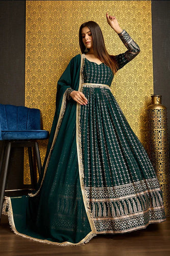 Green Anarkali Long Gown with Metallic Foil Work ClothsVilla