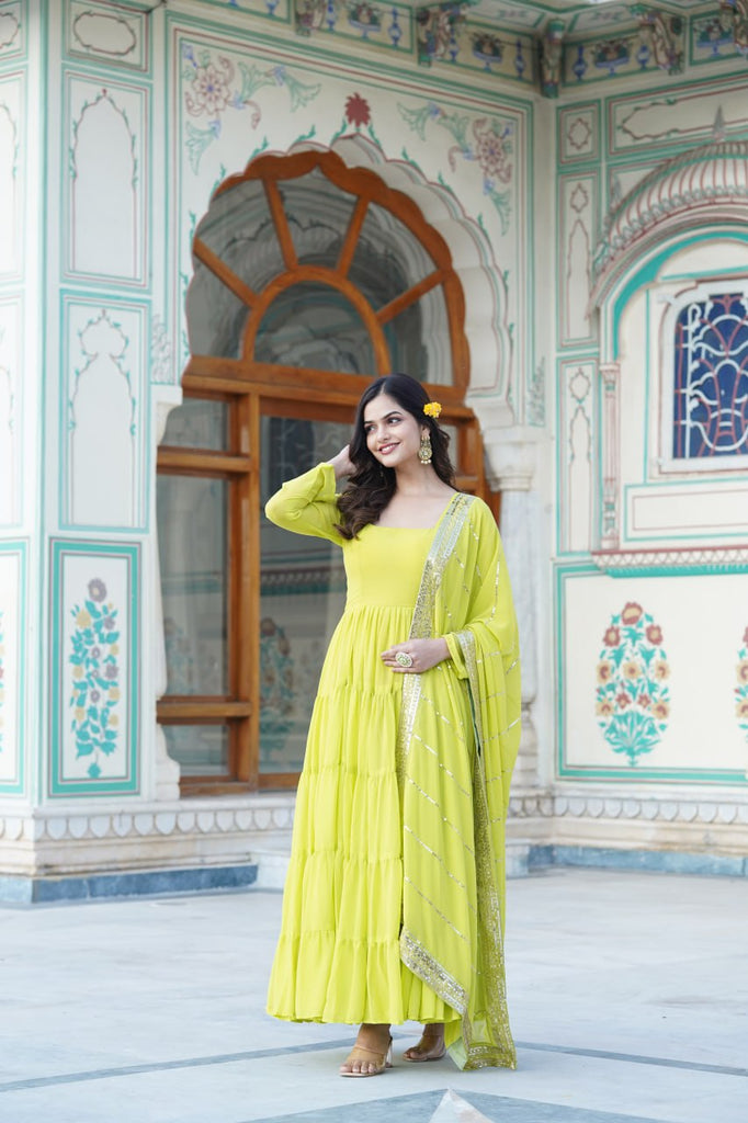 Alluring Parrot Green Faux Georgette Gown with Sequined Dupatta ClothsVilla