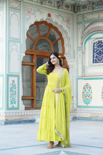 Alluring Parrot Green Faux Georgette Gown with Sequined Dupatta ClothsVilla