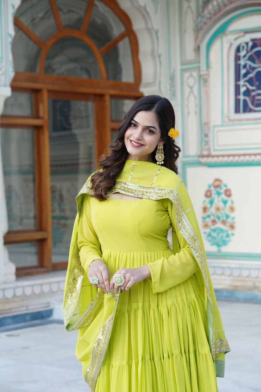 Alluring Parrot Green Faux Georgette Gown with Sequined Dupatta ClothsVilla