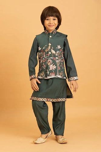 Party & Wedding Special Stylish Green Koti Kurta Set for Kids Clothsvilla