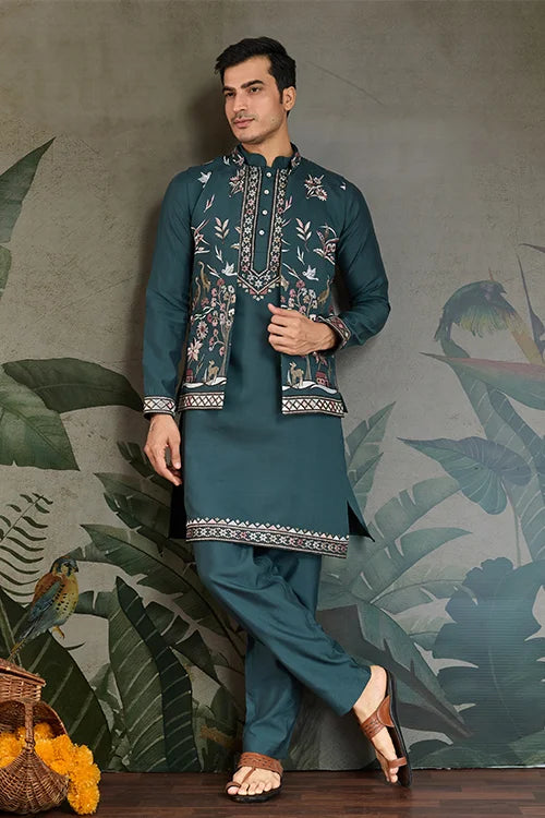 Traditional Green Kurta Pajama with Stylish Open Jacket Clothsvilla Main image