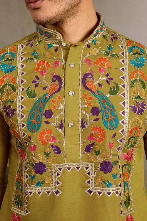Festive Wear Flourescent Green Embroidered Kurta for Men Clothsvilla