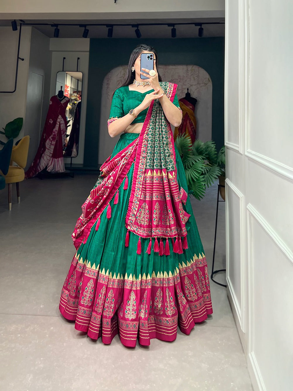 Green Color Printed Tussar Silk Lehenga Choli