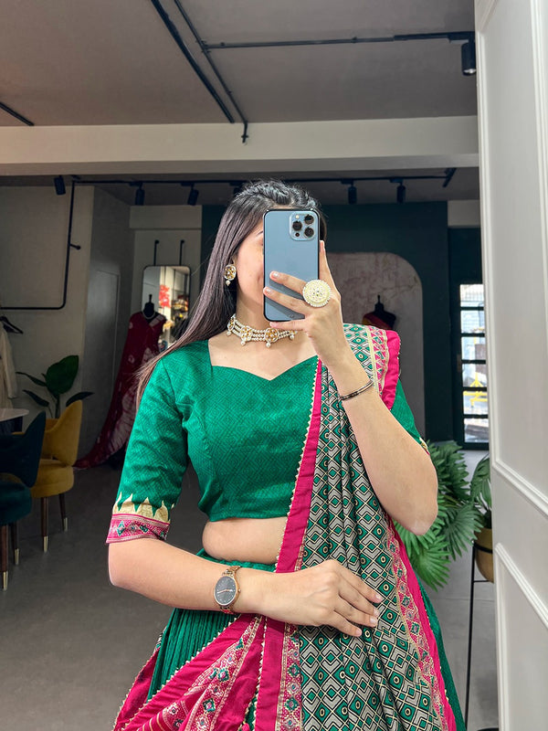 Green Color Printed Tussar Silk Lehenga Choli ClothsVilla