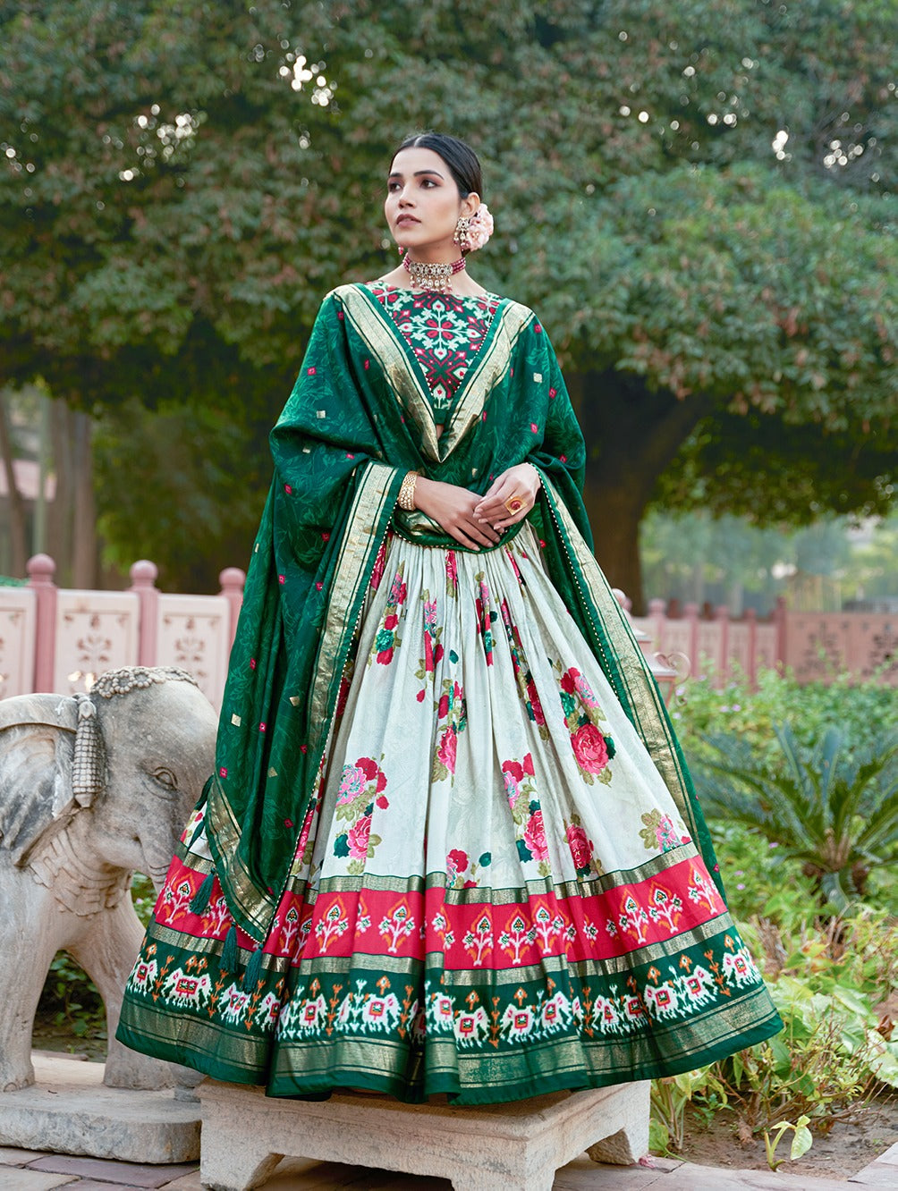 Green Dola Silk Lehenga Choli with Floral & Patola Print ClothsVilla