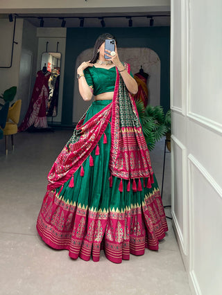Green Color Printed Tussar Silk Lehenga Choli ClothsVilla