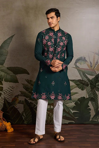 Party Look Green Mirror Embroidered Kurta Set for Men Clothsvilla