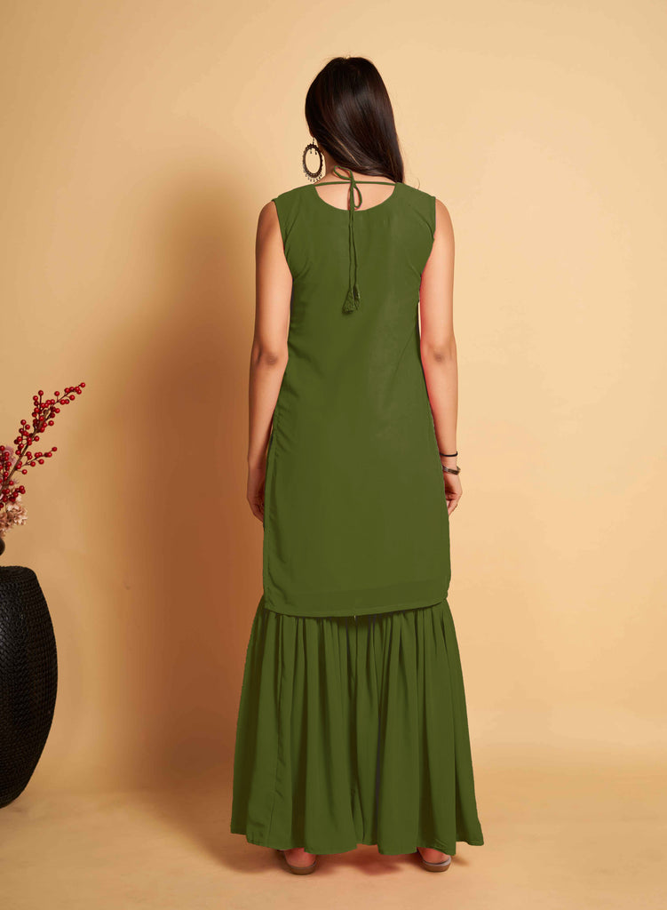 Stunning Green Designer Sharara Kurti Dupatta Set - Embroidered Faux Georgette & Georgette ClothsVilla