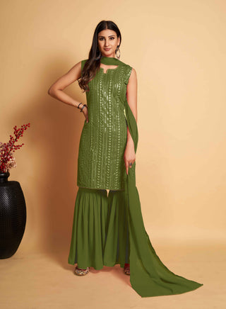 Stunning Green Designer Sharara Kurti Dupatta Set - Embroidered Faux Georgette & Georgette ClothsVilla