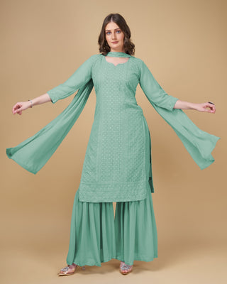 Stunning Faux Georgette Sharara Kurti Dupatta Set - Embroidered Elegance ClothsVilla