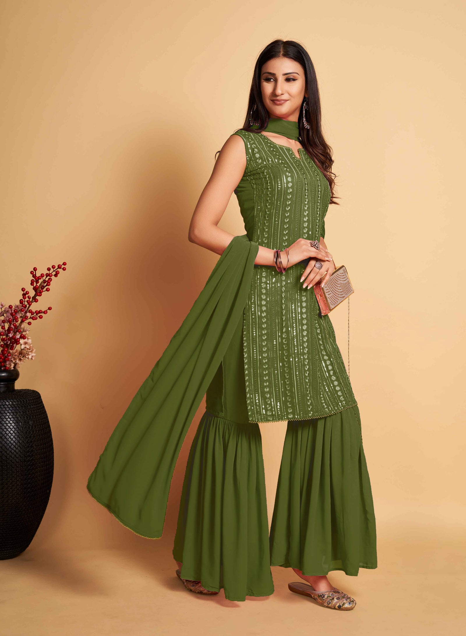 Stunning Green Designer Sharara Kurti Dupatta Set - Embroidered Faux Georgette & Georgette ClothsVilla