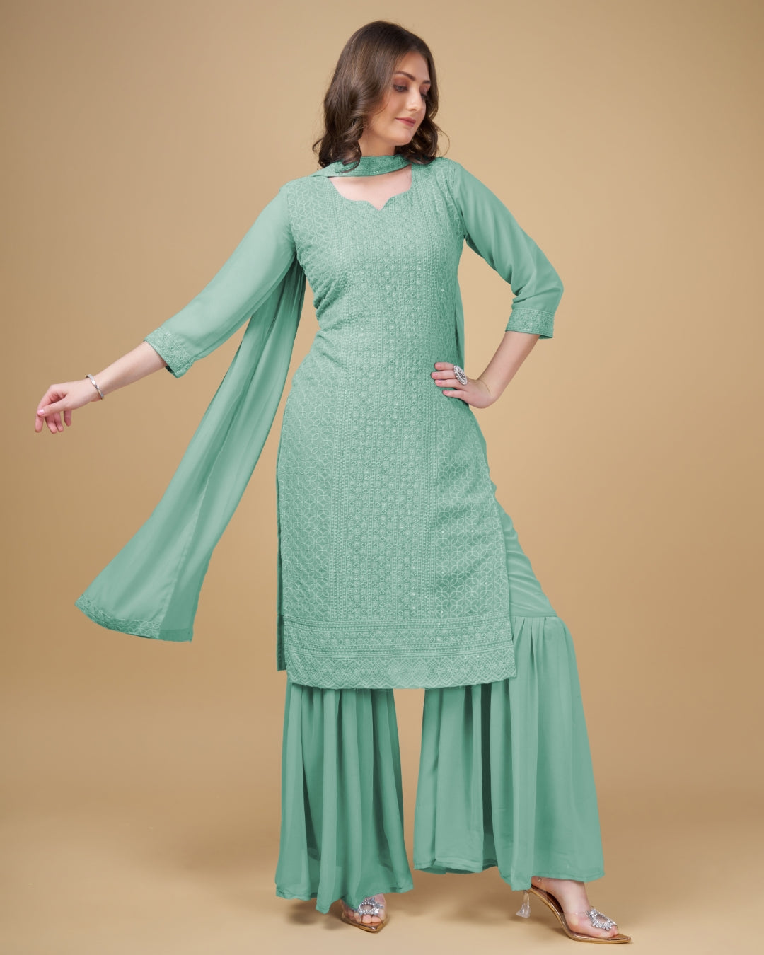 Stunning Faux Georgette Sharara Kurti Dupatta Set - Embroidered Elegance ClothsVilla