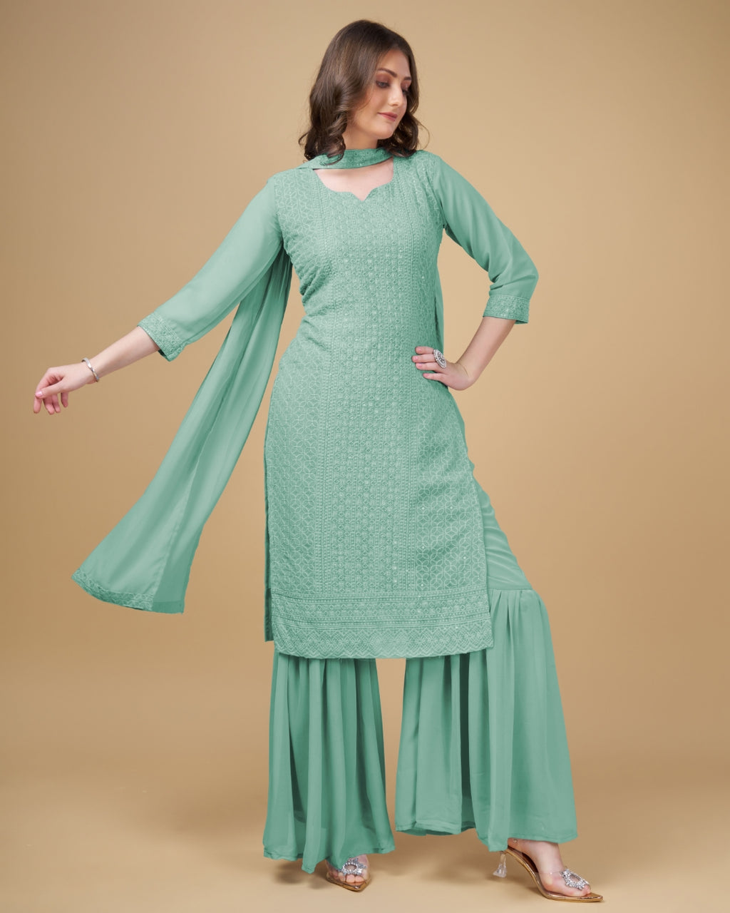 Stunning Faux Georgette Sharara Kurti Dupatta Set - Embroidered Elegance ClothsVilla