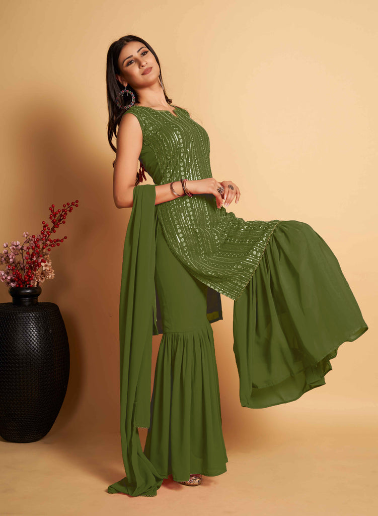 Stunning Green Designer Sharara Kurti Dupatta Set - Embroidered Faux Georgette & Georgette ClothsVilla
