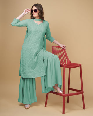 Stunning Faux Georgette Sharara Kurti Dupatta Set - Embroidered Elegance ClothsVilla