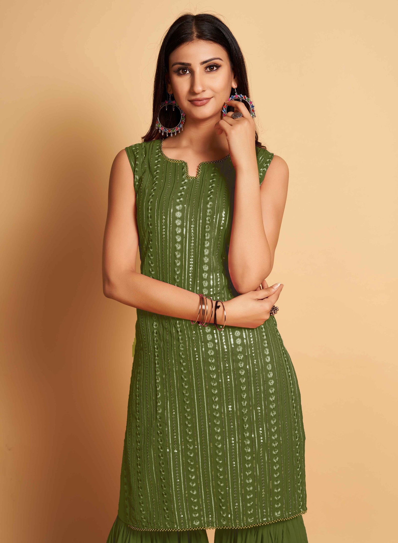 Stunning Green Designer Sharara Kurti Dupatta Set - Embroidered Faux Georgette & Georgette ClothsVilla