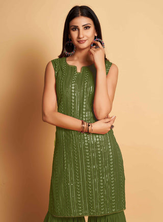 Stunning Green Designer Sharara Kurti Dupatta Set - Embroidered Faux Georgette & Georgette ClothsVilla