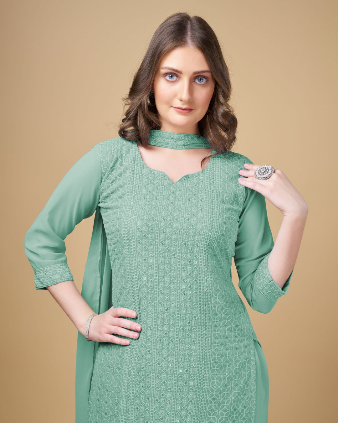 Stunning Faux Georgette Sharara Kurti Dupatta Set - Embroidered Elegance ClothsVilla