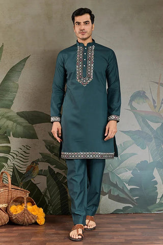 Traditional Green Kurta Pajama with Stylish Open Jacket Clothsvilla