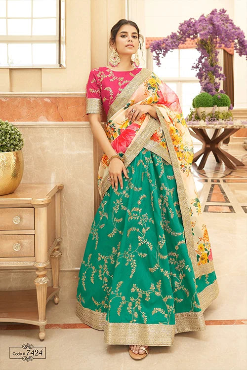 Green-White Thread Sequins With Embroidery Work Lehenga Choli With Dupatta Clothsvilla